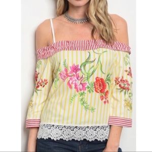 Yellow Striped Floral Off the Shoulder Top